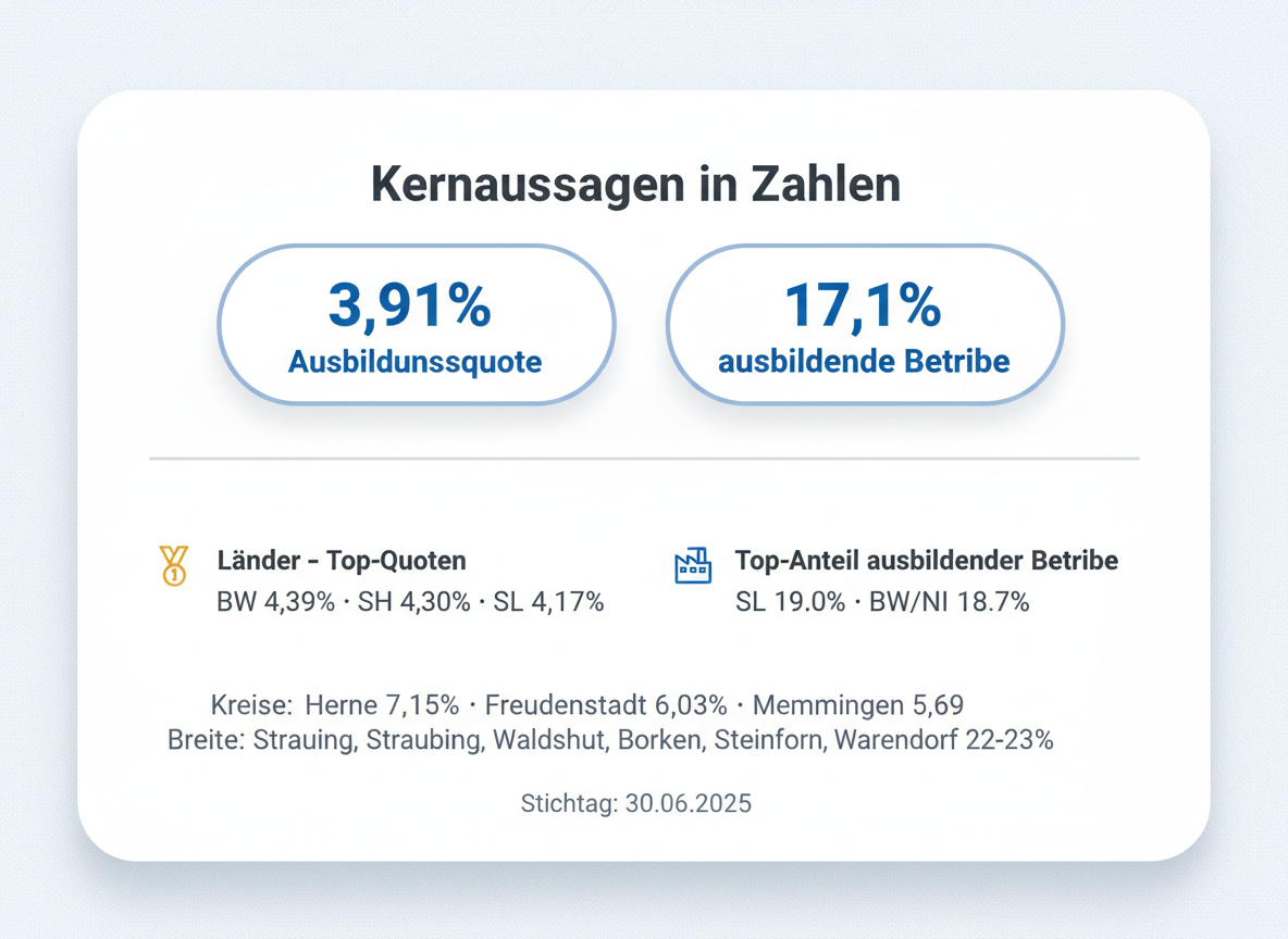 Infografik: Kernzahlen zur Ausbildung – Ausbildungsquote 3,91 Prozent, 17,1 Prozent ausbildende Betriebe, Stichtag 30. Juni 2025
